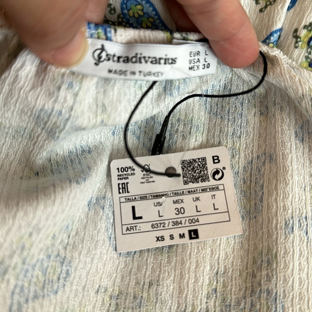 NWT Stradivarius blue paisley on off white mini babydoll dress Size L - Picture 7 of 10